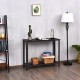 Slim metal frame wood console table with storage shelf, designed in retro style for easy placement beside sofa or bed.