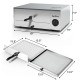 Stainless steel commercial pizza oven with chrome wire rack, removable crumb tray, and built-in temperature control.