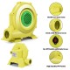 Yellow 950 W air blower pump fan with handle, designed for inflatable bounce houses and outdoor fun.