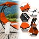 Close-up of the sturdy connector and thick seat fabric of the orange hanging chaise lounger swing chair for added.