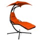 Front view of the orange hanging chaise lounger swing chair featuring a soft cushion, adjustable canopy, and sturdy.