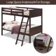 Twin size wooden bunk beds in brown with safety guardrails and ample under-bed storage for children's rooms.