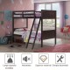 Twin size wooden bunk bed in brown, showcasing a craftsman-inspired design with horizontal slats and a sleek finish.