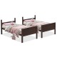 Twin size wooden bunk beds in brown, convertible to two individual beds, featuring safety guardrails and a compact.