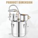 Product dimensions of the 5/10 Gal stainless steel water alcohol distiller with cooling pot and thermometer for DIY.
