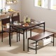 Rectangular walnut kitchen table set with bench and chairs, featuring under-table storage and a durable metal frame.