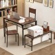 Industrial style rectangular kitchen table set in walnut with 2 chairs and bench, featuring under-table storage shelves.