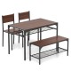 Industrial style rectangular kitchen table set with walnut finish, includes 2 chairs and a bench for versatile dining.