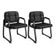 Set of 2 black leather waiting room guest chairs with cushioned seats, ergonomic backrests, and padded armrests for.