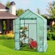 Walk-in greenhouse with observation windows, made of PE material, featuring 8 shelves for plants and a roll-up door.