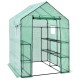 Walk-in greenhouse with observation windows, 56 x 56 x 77 inches, featuring a roll-up door and eight shelves for plants.