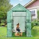 Walk-in greenhouse with observation windows, made of PE material, featuring a roll-up door and eight shelves for plants.