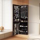 Brown wall and door mounted mirrored jewelry cabinet with LED lights, featuring spacious storage and a full-length.
