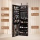 Wall-mounted mirrored jewelry cabinet in brown with LED lights, featuring 120 earring slots and spacious storage for.
