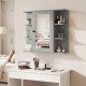 Wall-mounted gray bathroom medicine cabinet with mirror, three compartments, and six open shelves for organized storage.