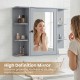 Wall-mounted gray bathroom medicine cabinet with mirror and shelves, featuring three compartments for organization and easy access.