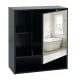 Wall-mounted black mirror cabinet featuring a clear HD aluminum mirror, two hidden shelves, and three open compartments for storage.