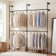 Wall-mounted pipe clothing rack in black with 4 hanging rods, featuring a double-tier design for organized storage.