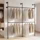 Wall-mounted black clothing rack with four hanging rods, featuring a double-tier design for organized storage.