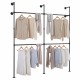 Double-tier wall-mounted clothing rack in black displaying various garments, ideal for maximizing hanging space in.