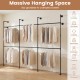 Wall-mounted black clothing rack with 6 hanging rods, designed for coats and dresses, maximizing closet space.