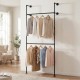 Wall-mounted black clothing rack with two hanging rods, designed for organizing coats and shirts in small spaces.