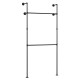 Wall-mounted black pipe clothing rack with two hanging rods, designed for durable organization in closets or retail.