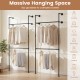 Wall-mounted black clothing rack with double-tier design, ideal for organizing coats, shirts, and dresses in tight.