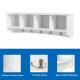 Wall-mounted entryway shelf with five sturdy hooks and four compartments for organized storage and display.