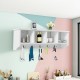 Wall-mounted storage cabinet with four compartments and five hooks, ideal for organizing entryway essentials.