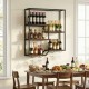 Wall-mounted wine rack in rustic brown with 6 staggered shelves, holding wine bottles and glasses for stylish storage.