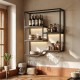Wall mounted wine rack in rustic brown with 6 shelves, glass holder, and sturdy metal frame for home bars and dining.