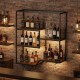 Wall-mounted 6-tier wine rack in rustic brown with metal frame, displaying bottles and holding 16 wine glasses for home.