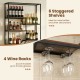 Wall-mounted wine rack with 6 staggered shelves and 4 wine racks for up to 16 glasses, perfect for home bars.