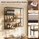 Wall-mounted wine rack in rustic brown with 6 shelves, glass holder, and rustproof metal frame for home bars.