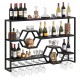 Wall-mounted wine rack with three shelves and two honeycomb cubbies, designed for stylish storage and easy access.