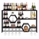 Large wall-mounted wine rack with three shelves and honeycomb cubbies, designed for stylish storage and easy access.