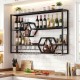 Wall-mounted wine rack with 3 shelves and 2 honeycomb cubbies, black metal frame for stylish storage in any kitchen.