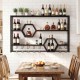 Wall-mounted wine rack with three shelves and two honeycomb cubbies, designed for stylish storage and organization.