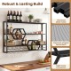 Wall-mounted wine rack with three shelves and two honeycomb cubbies, featuring a black metal frame for modern decor.