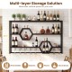 Wall-mounted wine rack with 3 shelves and 2 honeycomb cubbies, black metal frame for stylish storage and decor.