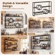 Wall-mounted wine rack with 3 shelves and 2 honeycomb cubbies, black metal frame for stylish kitchen or bar storage.