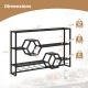 Wall-mounted wine rack with dimensions, featuring 3 shelves and 2 honeycomb cubbies for stylish storage.