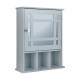 Gray wall-mounted bathroom cabinet with mirrored door, 2-tier storage, and 3 open compartments for versatile.
