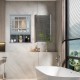 Wall mounted gray bathroom cabinet with mirror door, featuring 2-tier storage and 3 open compartments for versatile.