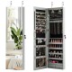 Gray wall and door mounted mirrored jewelry cabinet with LED lights, featuring spacious storage and lockable design.