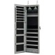 Gray wall and door mounted mirrored jewelry cabinet with LED lights, featuring spacious storage and a lockable design.