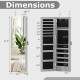 Dimensions of the gray wall and door mounted mirrored jewelry cabinet with LED lights and spacious storage options.