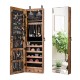 Mirrored jewelry cabinet in rustic brown with LED lights, featuring 6 shelves, 36 hooks, and lockable design for secure.