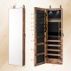 Wall-mounted mirrored jewelry cabinet in rustic brown with LED lights, featuring spacious storage and lockable design.